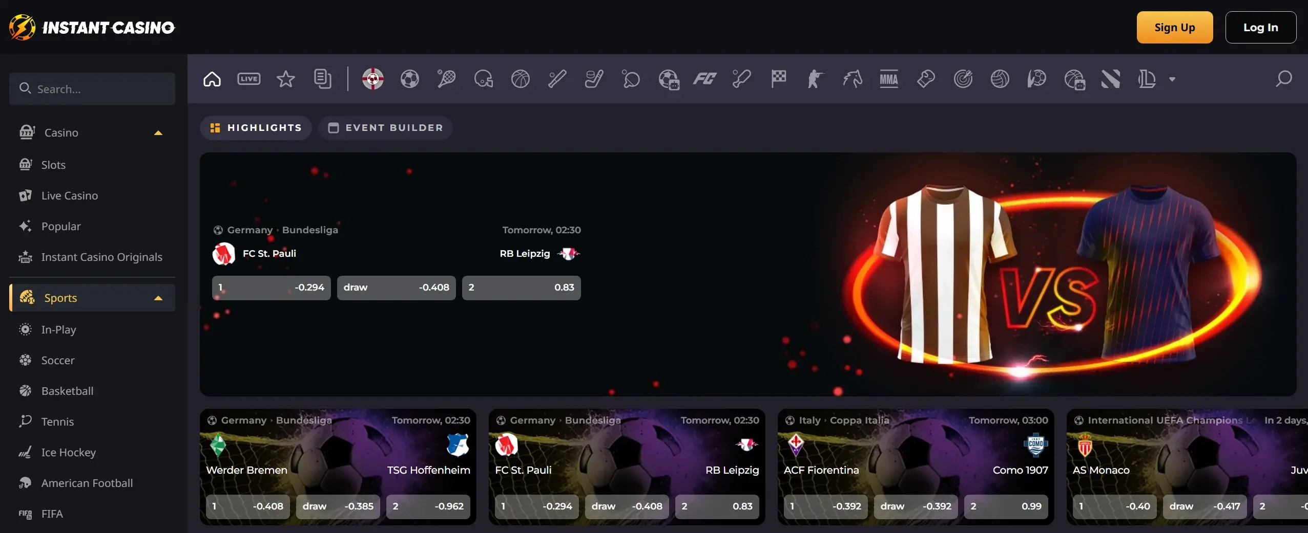 Instant Casino sportsbook homepage featuring live sports betting and navigation